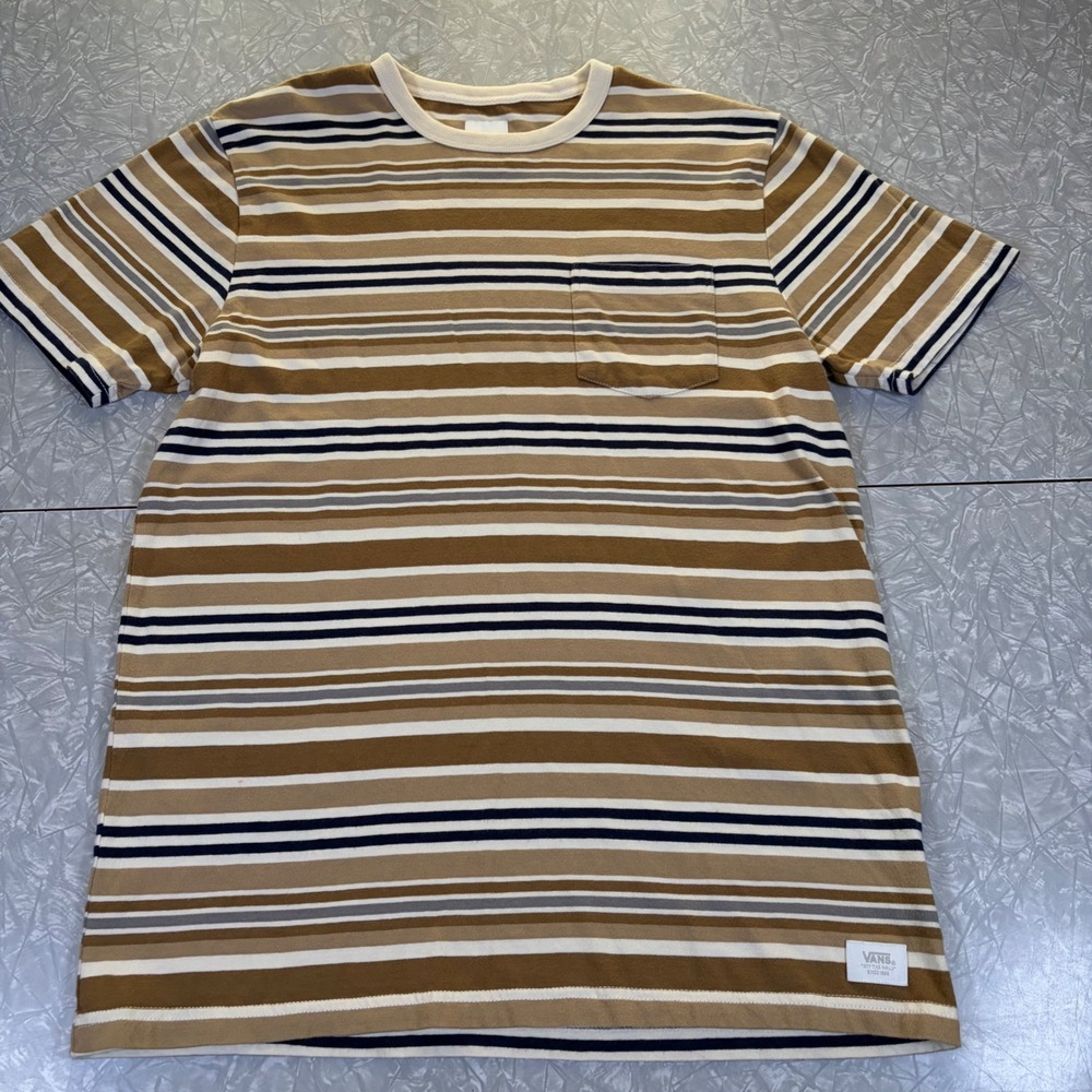 Vans Mens Short Sleeve Pocket T-Shirt Brown Tan Navy Multi Stripe Size Medium